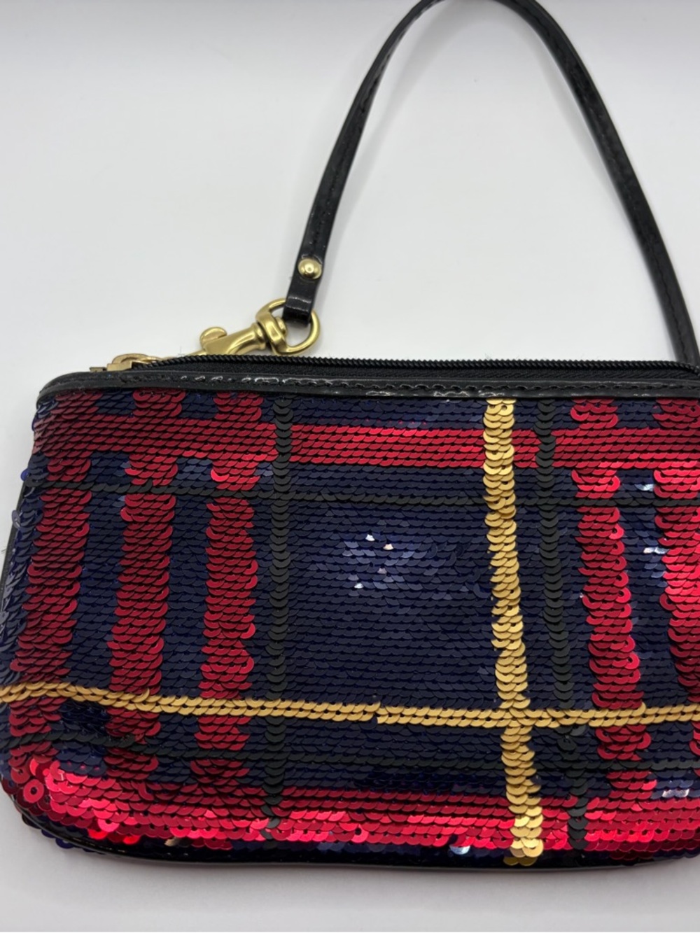 Coach Sequin Plaid Wristlet in Navy, Red & Gold Trim - Picture 2 of 3